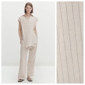 Massimo Dutti 2 Piece Set Size S Beige Linen Blend Pinstripe Tunic Pants Chic